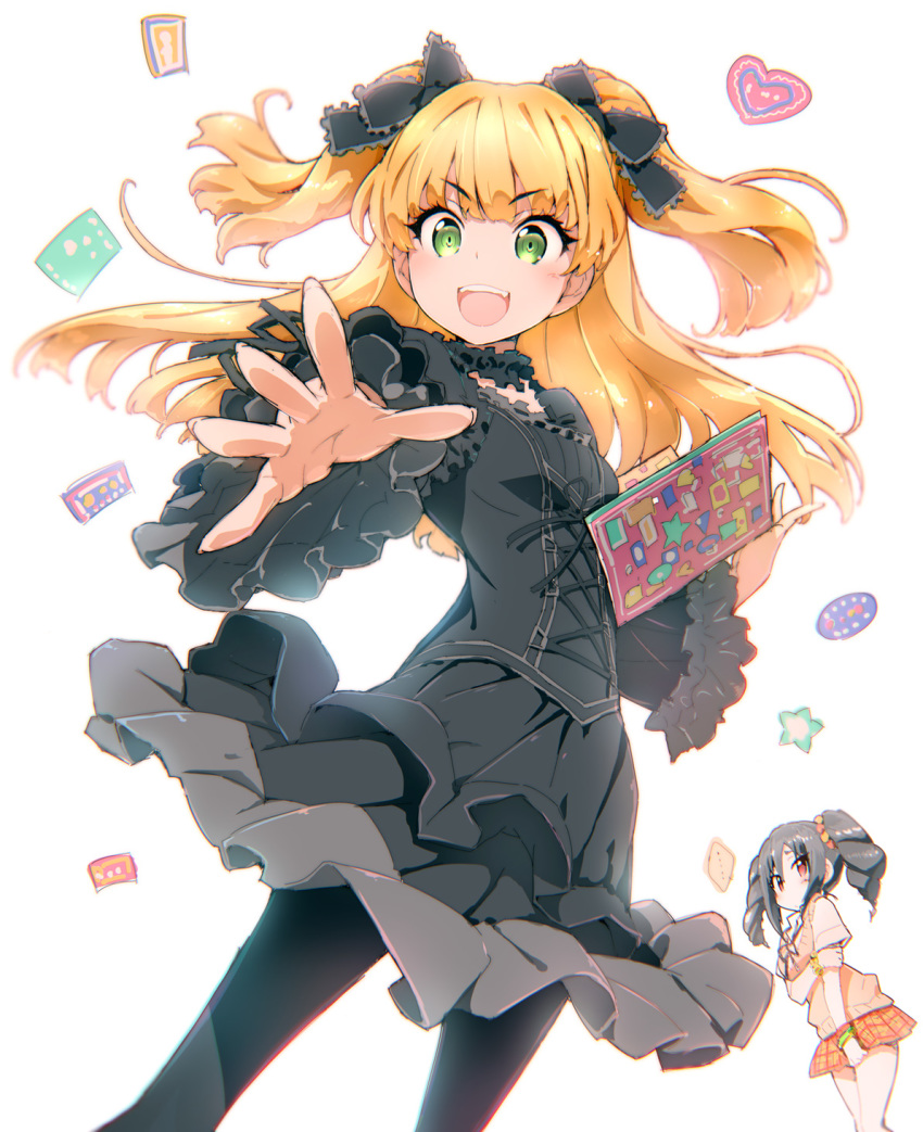 ..., 2girls, akata_itsuki, alternate_costume, black_legwear, blonde_hair, blush, bow