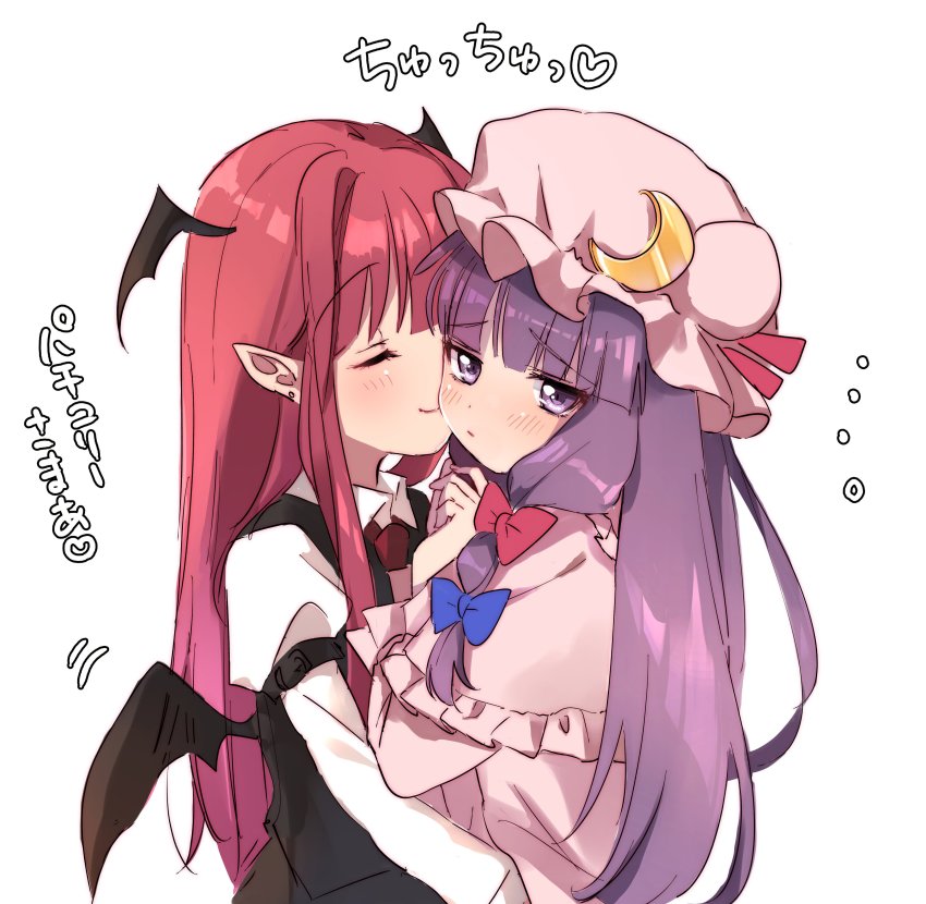 ..., 2girls, :/, absurdres, bat_wings, black_dress, blunt_bangs, blush