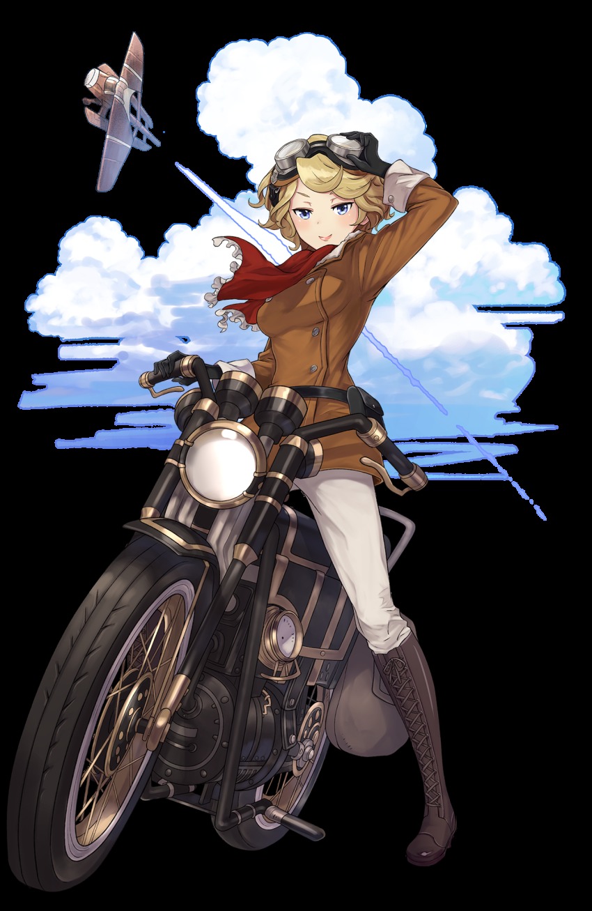 1girl, adjusting_goggles, aircraft, airplane, artist_request, bag, black_gloves, blue_eyes, boots, brown_boots, cloud, female_focus, full_body, gauge, gloves, goggles, goggles_on_head, highres, jane_mclean, knee_boots, lace-up_boots, looking_at_viewer, motor_vehicle, motorcycle, official_art, pilot_suit, pocket, princess_principal, princess_principal_game_of_mission, short_hair, smile, solo, standing, transparent_background, vehicle_focus