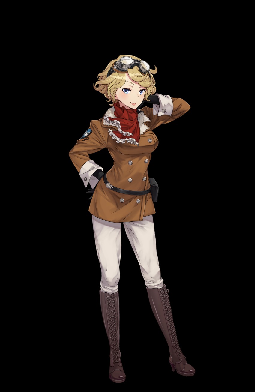 1girl, artist_request, black_gloves, blue_eyes, blush, boots, brown_boots, female_focus, full_body, gloves, goggles, goggles_on_head, hand_on_own_cheek, hand_on_own_face, hand_on_own_hip, high_heel_boots, high_heels, highres, jane_mclean, knee_boots, lace-up_boots, looking_at_viewer, official_art, pants, pilot_suit, pocket, pouch, princess_principal, princess_principal_game_of_mission, short_hair, smile, solo, standing, transparent_background, white_pants