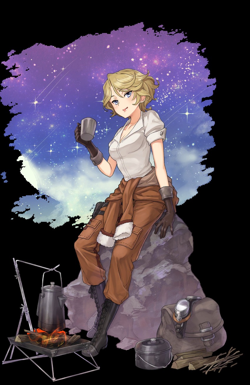 1girl, artist_request, bag, black_boots, black_gloves, blonde_hair, blue_eyes, boots