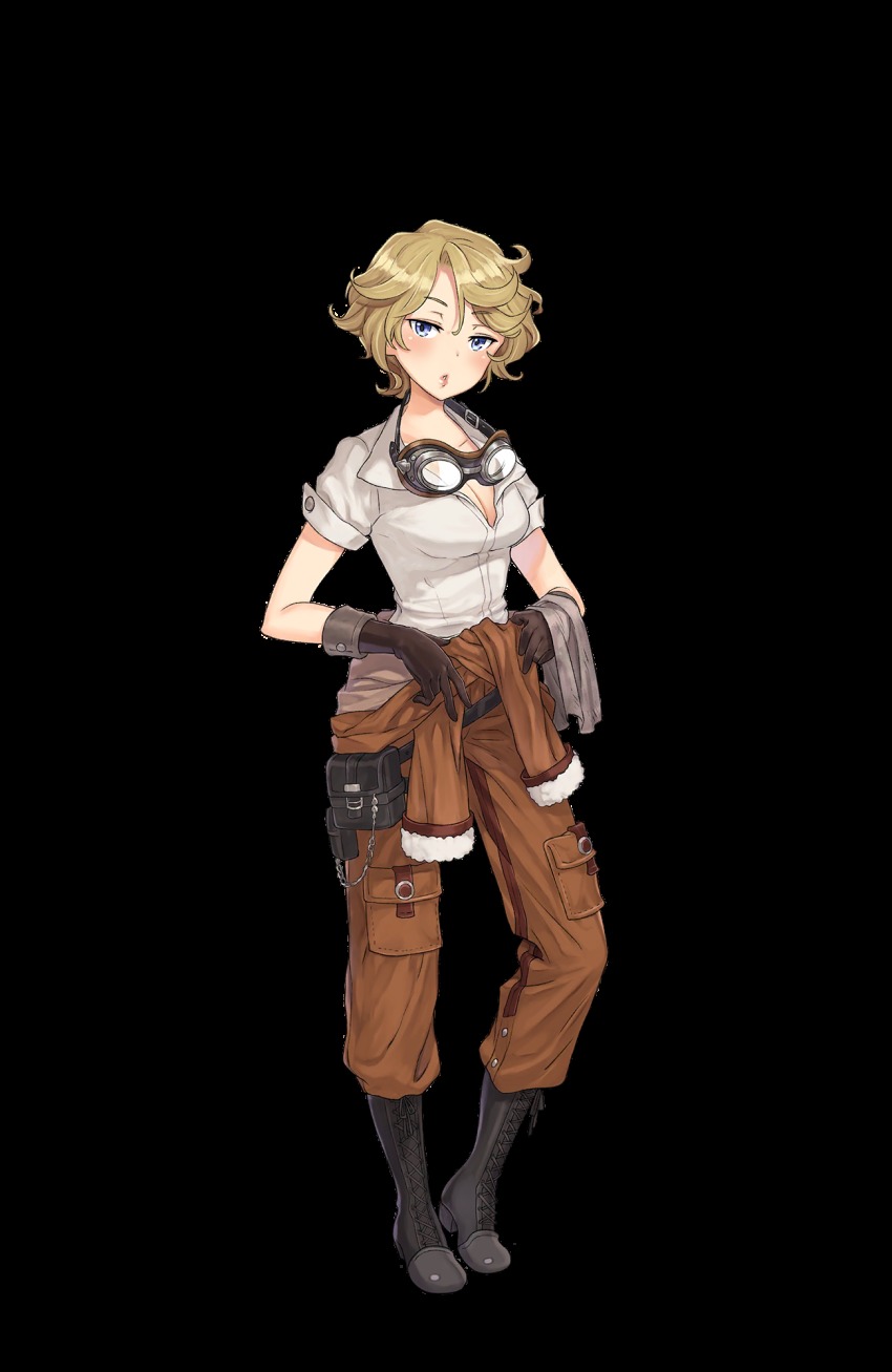 1girl, artist_request, black_boots, black_gloves, blue_eyes, boots, breasts, cleavage, female_focus, full_body, gloves, goggles, goggles_around_neck, highres, jane_mclean, lace-up_boots, looking_at_viewer, medium_breasts, official_art, pouch, princess_principal, princess_principal_game_of_mission, shirt, short_hair, solo, standing, transparent_background, white_shirt