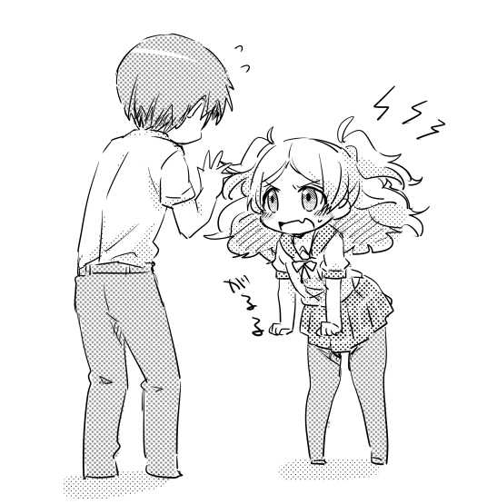 00tea, 1boy, 1girl, angry, ensemble_girls!, fang, flying_sweatdrops, full_body