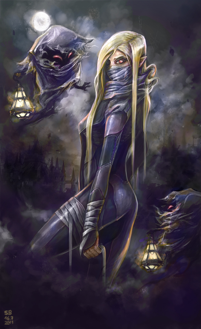 1girl, androgynous, bandages, blonde_hair, breasts, female_focus, gloves, long_hair, looking_at_viewer, mask, moon, night, nintendo, poe_(zelda), pointy_ears, red_eyes, sbalac, sheik, solo, surcoat, the_legend_of_zelda, the_legend_of_zelda:_ocarina_of_time