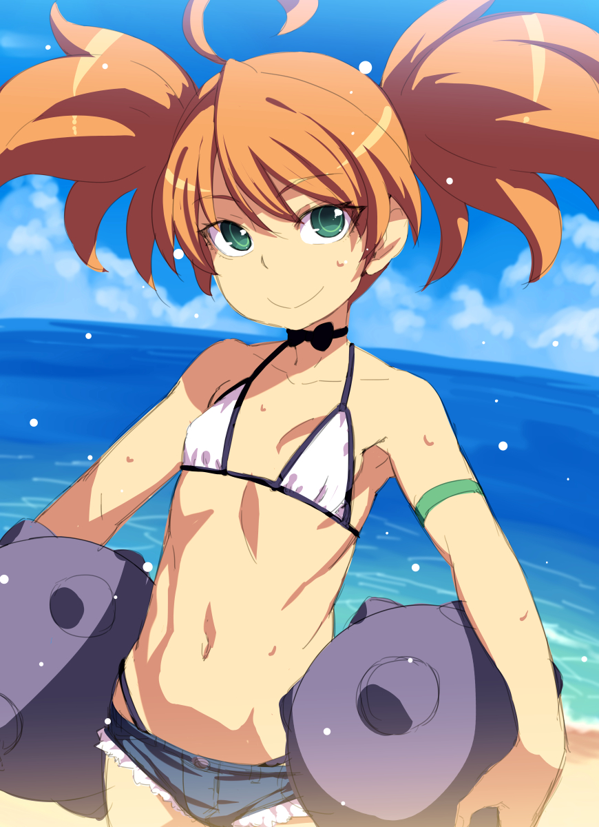 1girl, ahoge, armlet, bare_shoulders, bikini, bikini_under_clothes, black_neckwear, blue_sky, breasts, character_request, choker, closed_mouth, day, denim, denim_shorts, dina_(sennen_sensou_aigis), female_focus, green_eyes, highres, holding, jewelry, looking_at_viewer, navel, ocean, orange_hair, outdoors, sennen_sensou_aigis, short_hair, short_shorts, shorts, sky, small_breasts, smile, solo, standing, sweat, swimsuit, tasaka_shinnosuke, twintails, upper_body, white_bikini