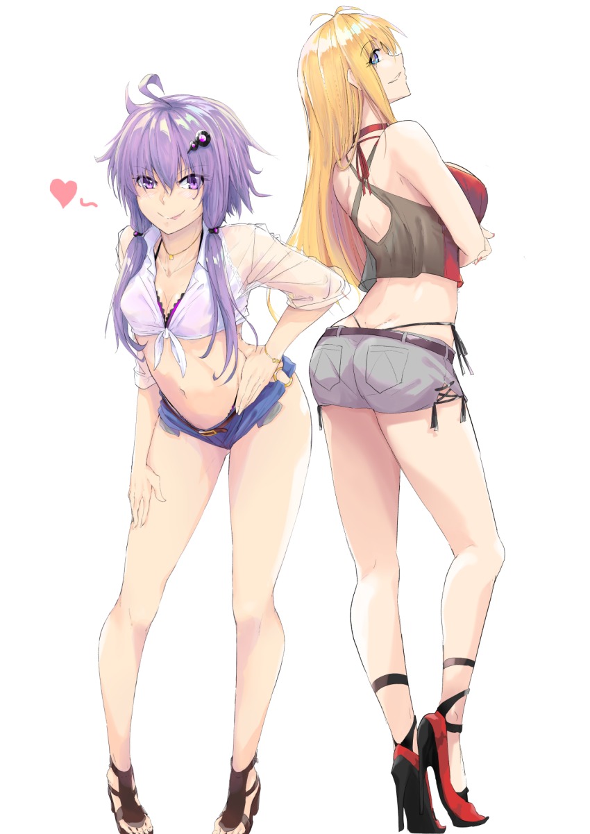 >:p, 2girls, :p, ahoge, alternate_costume, alternate_hairstyle, antenna_hair, belt, belt_buckle, black_panties, blonde_hair, bra, bra_peek, bracelet, breasts, buckle, cleavage, commentary_request, contrapposto, crop_top, denim, denim_shorts, full_body, gluteal_fold, green_eyes, hair_between_eyes, hair_ornament, hand_on_own_hip, hand_on_own_thigh, heart, high_heels, highres, jewelry, large_breasts, leaning_forward, long_hair, looking_at_viewer, medium_breasts, midriff, multiple_girls, navel, necklace, nib_pen_(medium), no_socks, o-ring, o-ring_bottom, panties, pen_(medium), purple_bra, purple_eyes, purple_hair, purple_panties, sandals, see-through_clothes, shirt, short_hair_with_long_locks, short_shorts, shorts, sidelocks, simple_background, sleeves_rolled_up, smile, standing, stomach, tied_shirt, tongue, tongue_out, traditional_media, tsurumaki_maki, underwear, v-shaped_eyebrows, vocaloid, voiceroid, white_background, wing_collar, yuzuki_yukari, zooanime