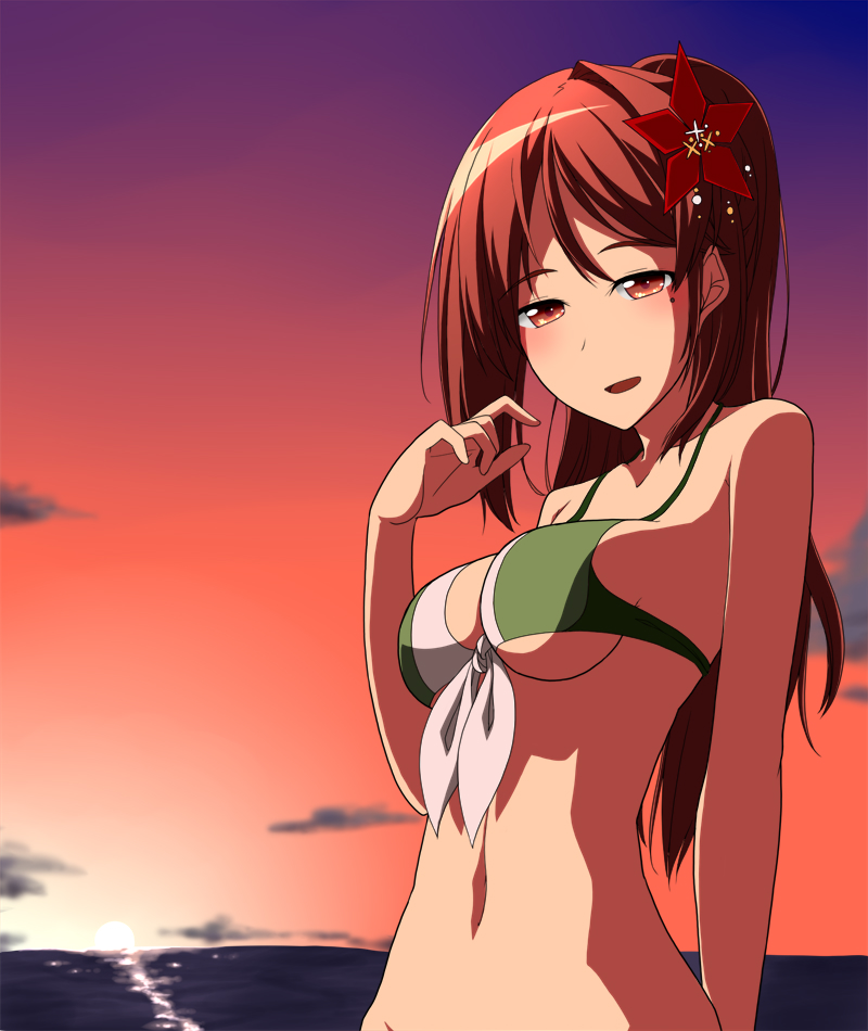 1girl, amagi_(kancolle), beach, bikini, breasts, brown_eyes, brown_hair, female_focus