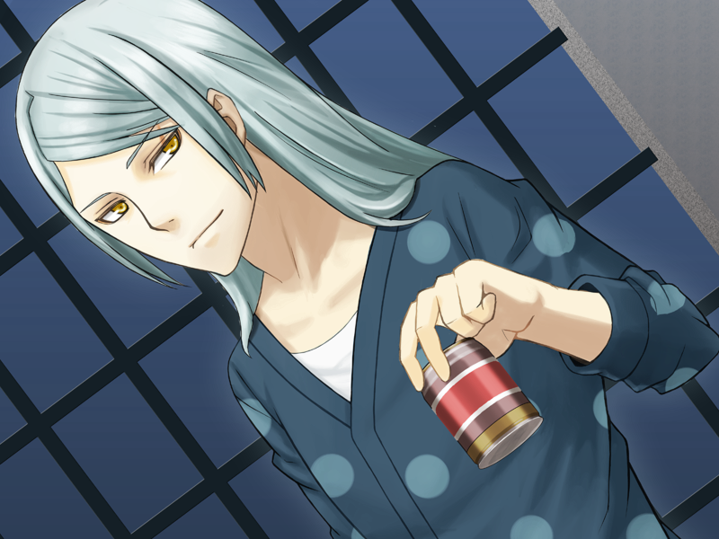 1boy, drink, dutch_angle, hachiya_mitsuhisa, indoors, long_hair, looking_at_viewer, male_focus