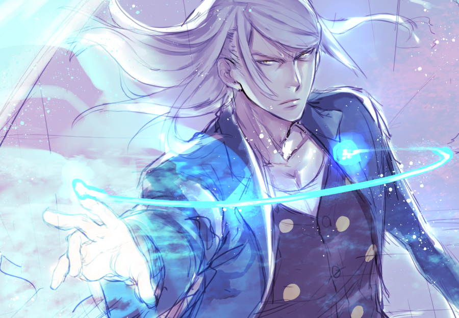 1boy, hachiya_mitsuhisa, long_hair, looking_at_viewer, magic, male_focus, p-kana, sketch, solo, upper_body, white_hair, wizard_barristers:_benmashi_cecil