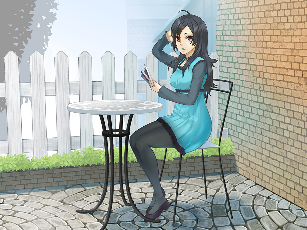 1girl, ahoge, black_hair, black_pantyhose, black_shoes, blue_dress, book, brick_wall