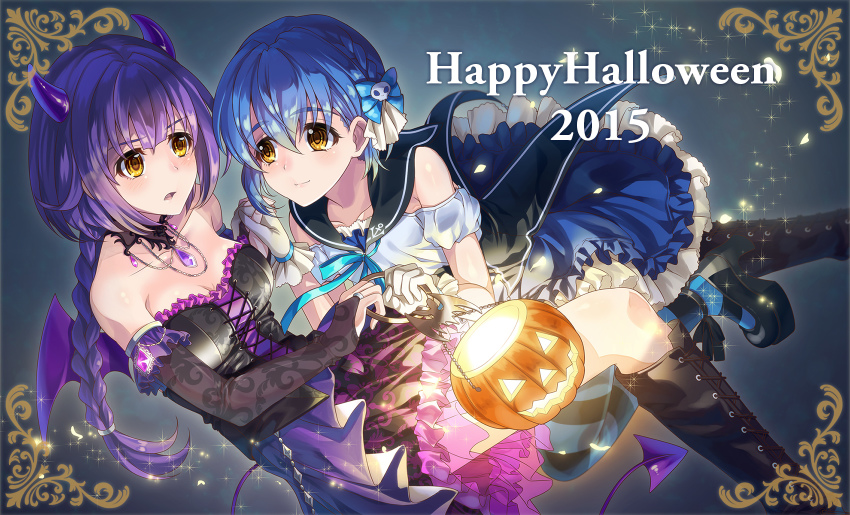 2015, 2girls, bare_shoulders, black_footwear, blue_hair, blue_skirt, blush, boots