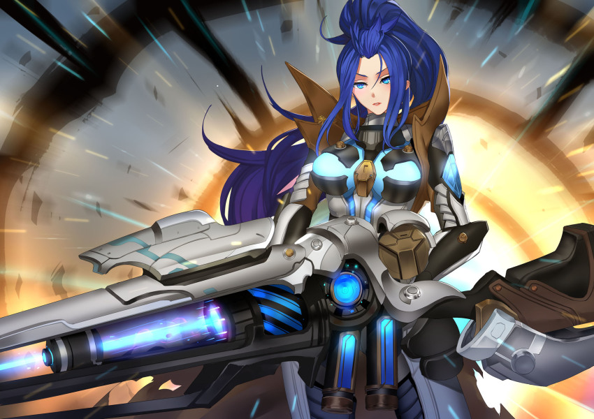 1girl, backlighting, blue_eyes, blue_hair, bodysuit, breasts, caitlyn_(league_of_legends), glowing, gun, hair_slicked_back, highres, huge_weapon, large_breasts, league_of_legends, long_hair, motion_blur, pd_(pdpdlv1), ponytail, pulsefire_caitlyn, rifle, science_fiction, sniper_rifle, weapon