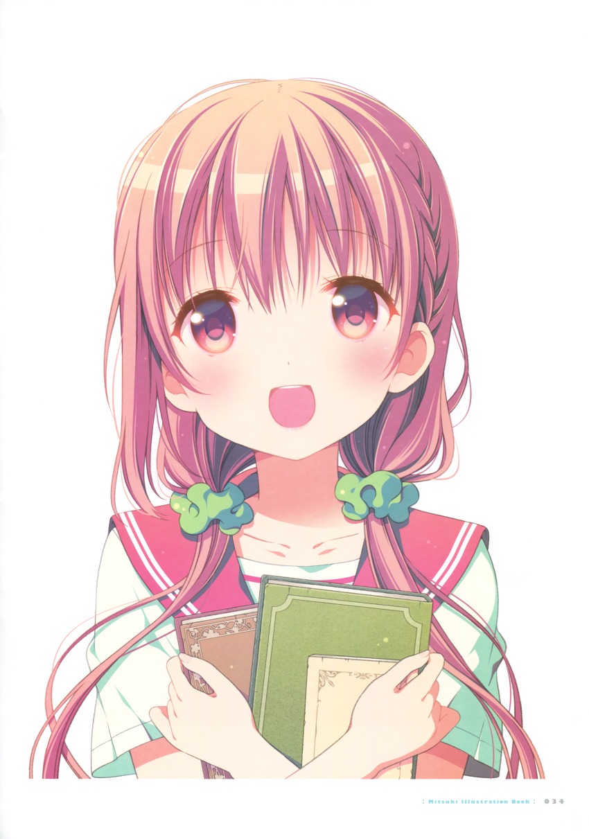 1girl, absurdres, artist_name, blush, book, brown_eyes, brown_hair, closed_book, collarbone, eyes_visible_through_hair, female_focus, hair_ornament, hair_scrunchie, highres, hinako_note, holding, holding_book, long_hair, looking_at_viewer, march-bunny, open_mouth, page_number, school_uniform, scrunchie, serafuku, shirt, short_sleeves, simple_background, smile, solo, twintails, upper_body, white_background, white_shirt