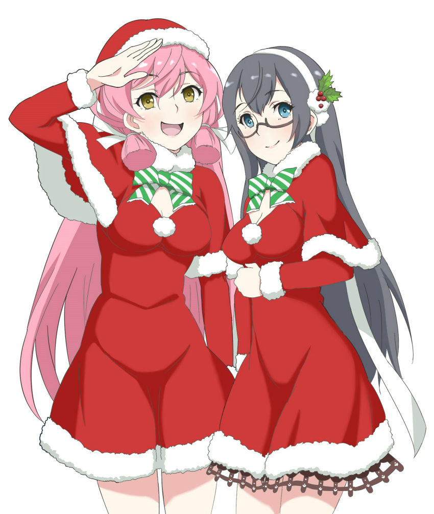 2girls, akashi_(christmas)_(kancolle), akashi_(kancolle), black_hair, blue_eyes, bow, cowboy_shot, dress, glasses, green_bow, hair_ribbon, hairband, hat, highres, kantai_collection, kashi_(christmas)_(kancolle), long_hair, looking_at_viewer, multiple_girls, ooyodo_(christmas)_(kancolle), ooyodo_(kancolle), pink_hair, red_dress, ribbon, salute, santa_hat, semi-rimless_eyewear, shawl, shingyou_(alexander-13), simple_background, smile, striped_bow, tress_ribbon, under-rim_eyewear, white_background, yellow_eyes