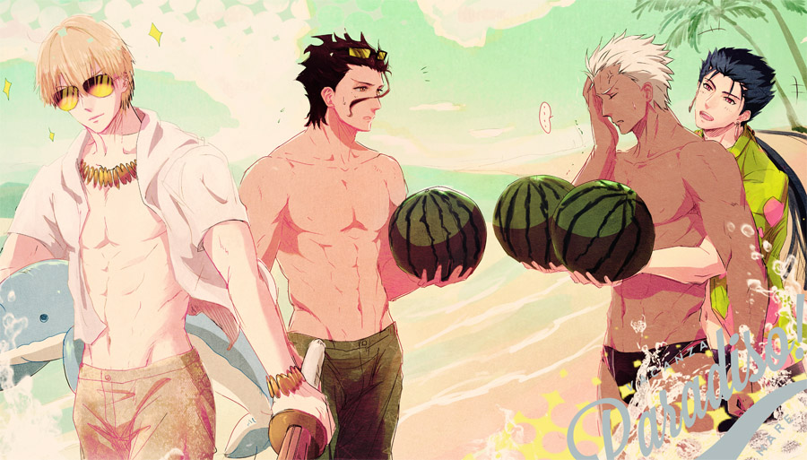 4boys, archer_(black_swimmer)_(fate), archer_(fate), bare_pectorals, beach, black_male_swimwear, black_swim_briefs, brown_male_swimwear