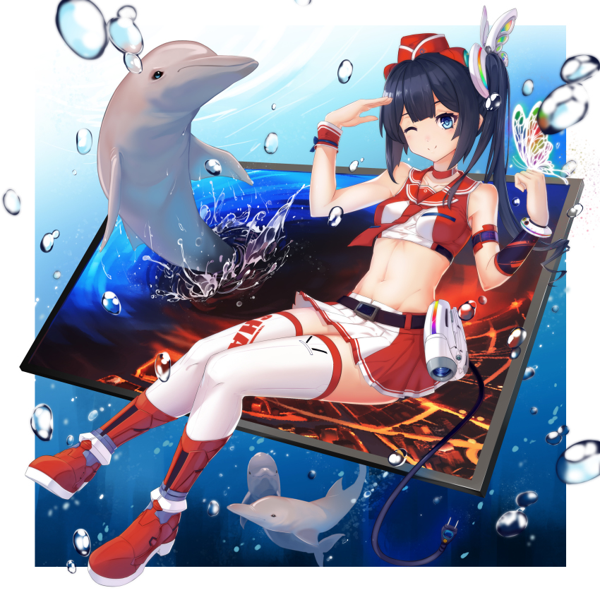 1girl, absurdres, arm_strap, bare_shoulders, belt, black_hair, blue_eyes, blunt_bangs