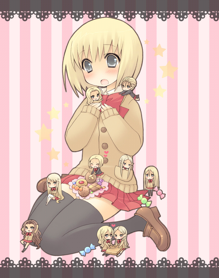 00s, 6+girls, agatha, arms_behind_head, black_thighhighs, blonde_hair, blush, brown_hair, candy, cardigan, checkerboard_cookie, chibi, clare_(claymore), claymore_(series), cookie, deneve, flora_(claymore), food, frown, galatea, grey_eyes, happy, heart, helen, holding, irene, jean_(claymore), leaning_back, loafers, long_hair, multiple_girls, open_mouth, pocopoco, pointy_ears, shoes, short_hair, sitting, skirt, smile, star_(symbol), striped_background, sweets, teresa, thighhighs, undine_(claymore), very_long_hair, yuma_(claymore)