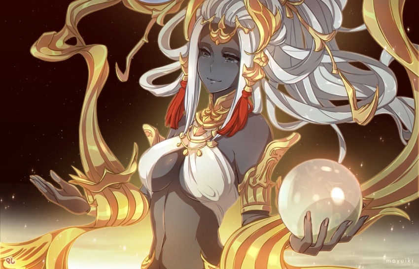 1girl, armlet, artist_name, aura, bare_shoulders, black_eyes, black_skin, bracer