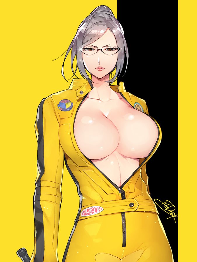 10s, 1girl, arm_at_side, beatrix_kiddo, beatrix_kiddo_(cosplay), black_background, breasts, brown_eyes, bruce_lee's_jumpsuit, cleavage, collarbone, cosplay, female_focus, hair_bun, holding, holding_sword, holding_weapon, kill_bill, large_breasts, long_sleeves, looking_at_viewer, neck, no_bra, open_clothes, parody, parted_bangs, parted_lips, pink_lips, prison_school, redrop, shiny_skin, shiraki_meiko, short_hair, signature, single_hair_bun, solo, sparkle, sword, two-tone_background, upper_body, weapon, yellow_background