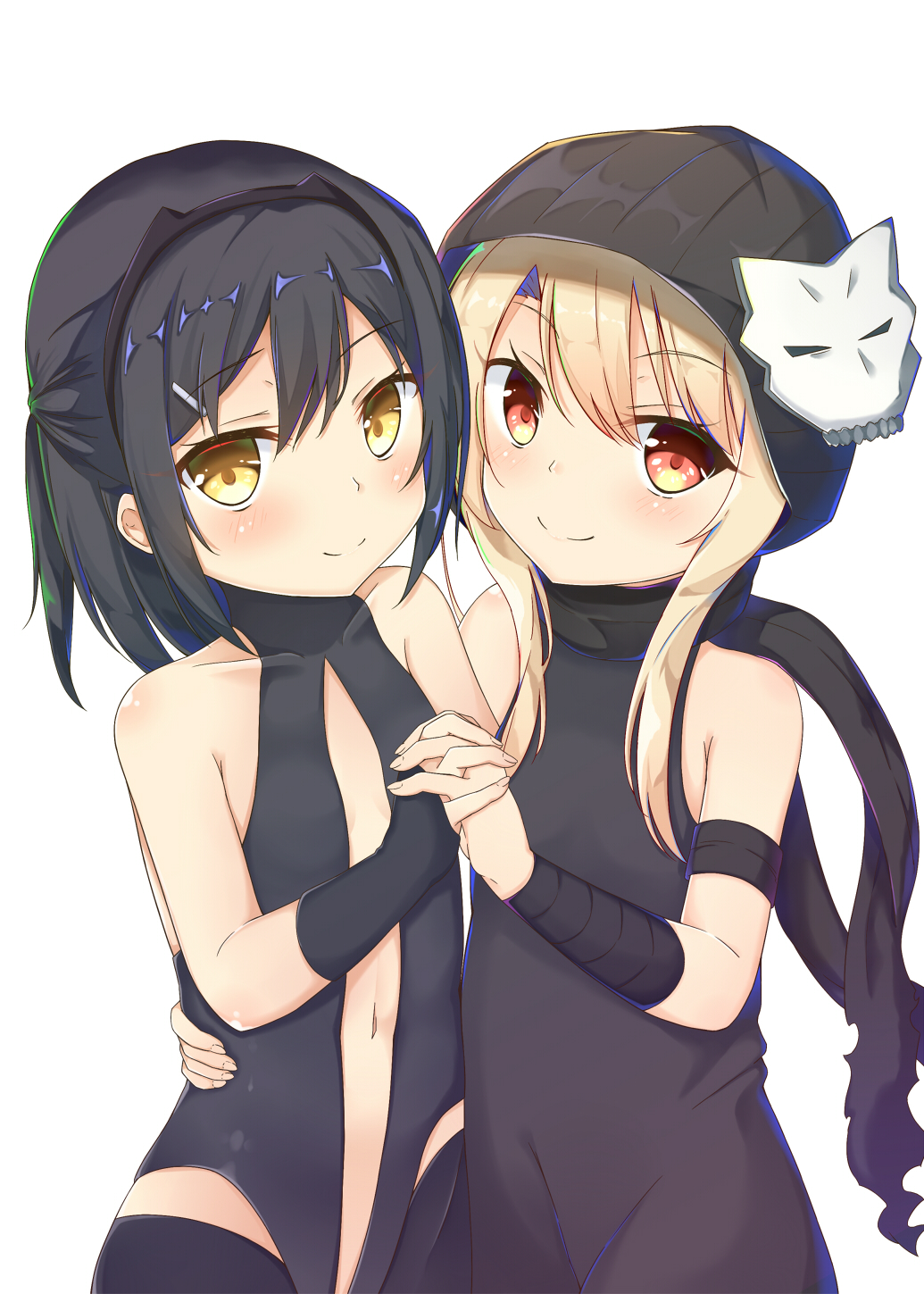 2girls, aroma0501, assassin_(fate/zero), assassin_(fate/zero)_(cosplay), bare_shoulders, black_hair, black_jumpsuit, black_leotard