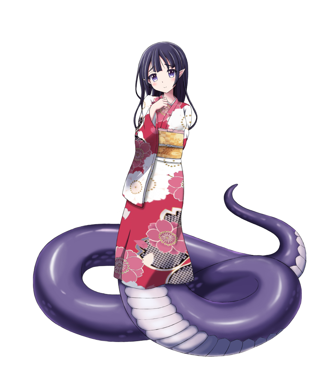 1girl, blue_eyes, blush, female_focus, full_body, highres, japanese_clothes, kimono, lamia, lee_xianshang, looking_at_viewer, masumi_yuzuki, monster_girl, monsterification, pointy_ears, shinrei_ryokan_kara_no_dasshutu, simple_background, solo, white_background, wide_sleeves, yukata
