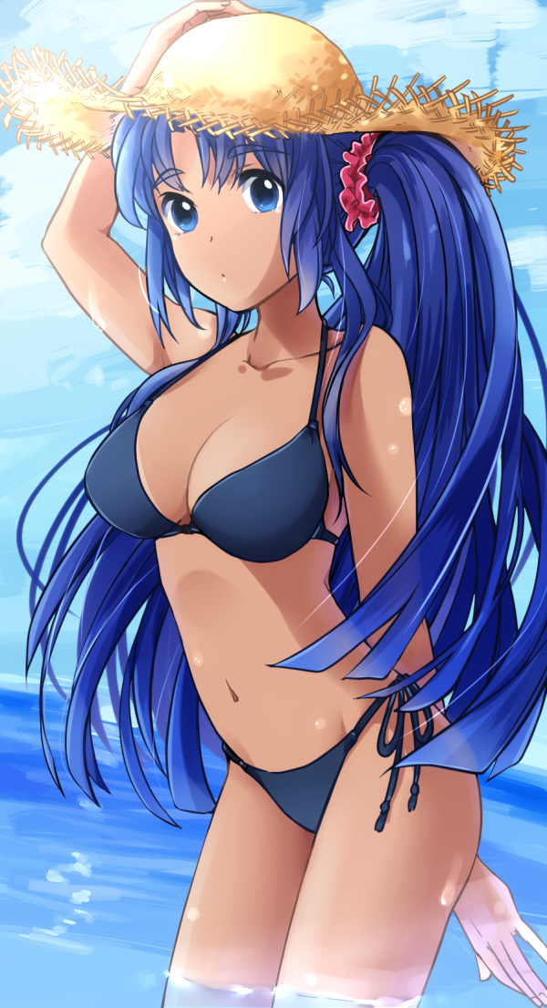 1girl, alternate_hairstyle, asakura_ryoko, bikini, blue_eyes, blue_hair, blue_sky, breasts