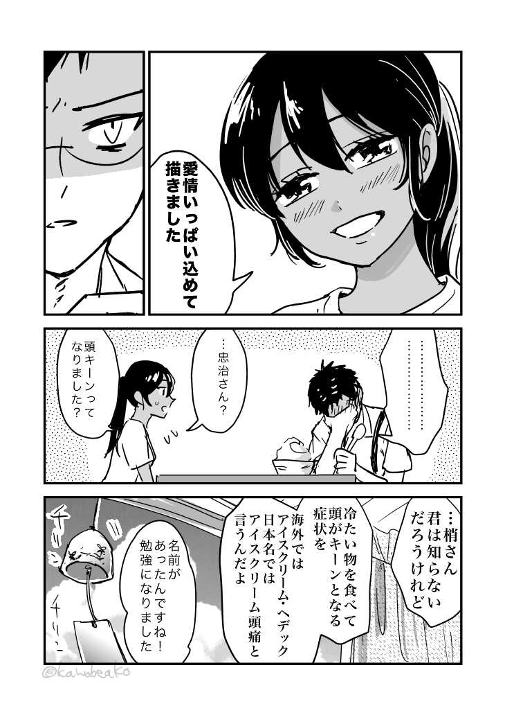 1boy, 1girl, blush, comic, dark_skin, food, glasses, greyscale