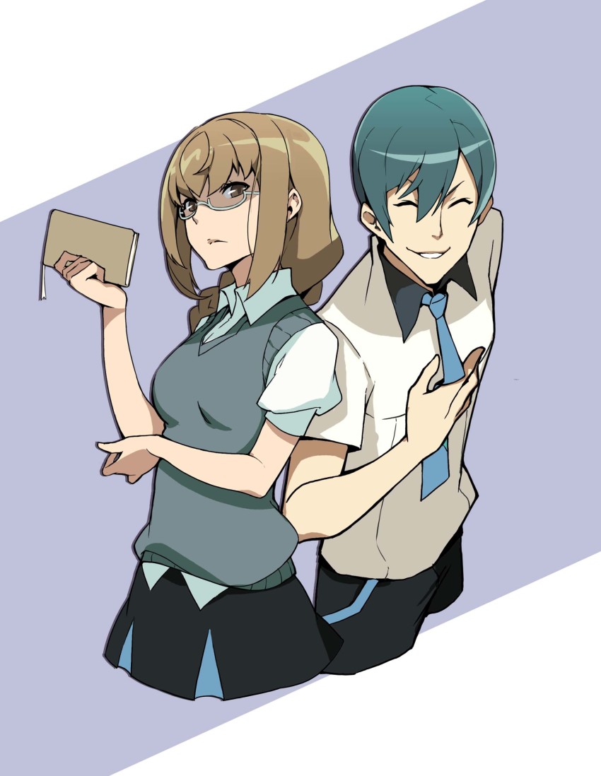 1boy, 1girl, absurdres, black_pants, black_skirt, blue_necktie, book, brown_eyes