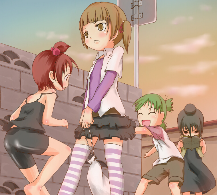 4girls, bad_id, bad_pixiv_id, bike_shorts, brown_hair, child, crossover, green_hair, hair_bobbles, hair_bun, hair_ornament, hair_ribbon, koiwai_yotsuba, latex, marui_futaba, marui_hitoha, marui_mitsuba, mitsudomoe_(manga), multiple_girls, nama_(namaiki), quad_tails, raglan_sleeves, ribbon, side_ponytail, single_hair_bun, skirt, striped_clothes, striped_legwear, striped_thighhighs, tank_top, thighhighs, twintails, yotsubato!, zettai_ryouiki