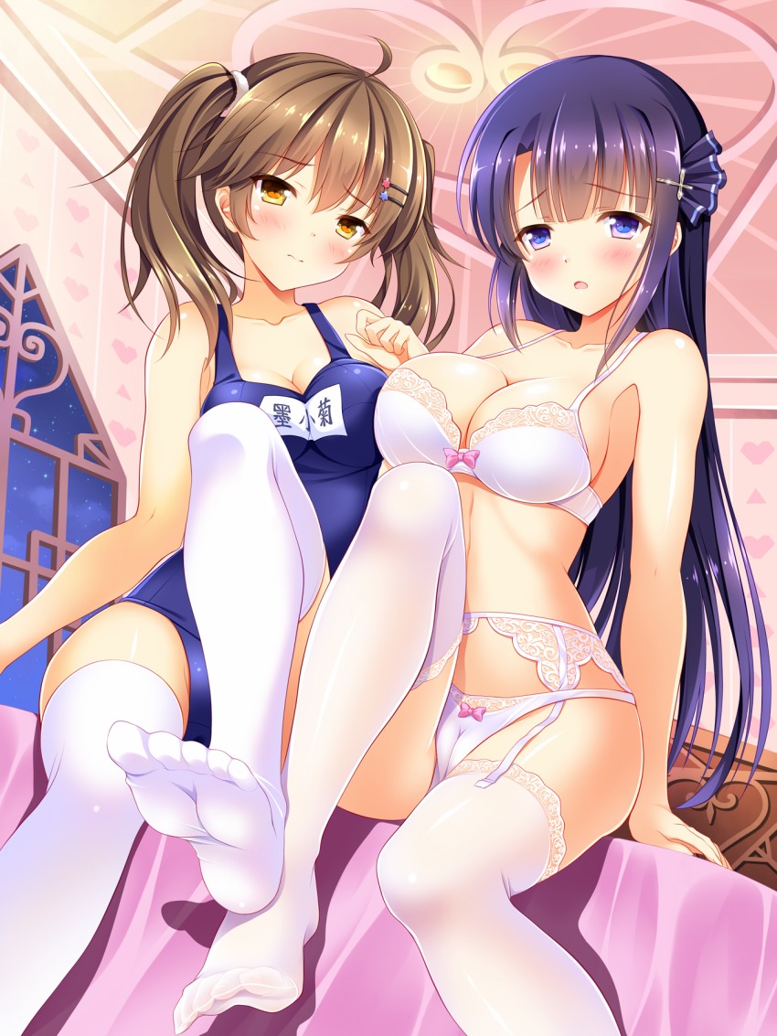 2girls, ahoge, arm_support, arms_at_sides, bashen_chenyue, bed, bedroom, blue_eyes, blunt_bangs, blush, bow, bow_bra, bow_panties, bra, breasts, brown_hair, cameltoe, ceiling, cleavage, collarbone, dot_nose, dutch_angle, embarrassed, feet, garter_belt, garter_straps, hair_ornament, hair_scrunchie, hairclip, highres, indoors, knee_up, lace, lace-trimmed_legwear, lace_trim, large_breasts, leg_up, lingerie, long_hair, looking_at_viewer, medium_breasts, mo_xiaoju, multiple_girls, name_tag, no_shoes, one-piece_swimsuit, open_mouth, panties, pink_bow, purple_hair, san_se_hui_lian, school_swimsuit, scrunchie, see-through_clothes, see-through_legwear, side-by-side, sidelocks, sitting, soles, swimsuit, thighhighs, thighs, toes, sanse_hui_lian, twintails, underwear, underwear_only, wen_zhi, white_bra, white_legwear, white_panties, yellow_eyes