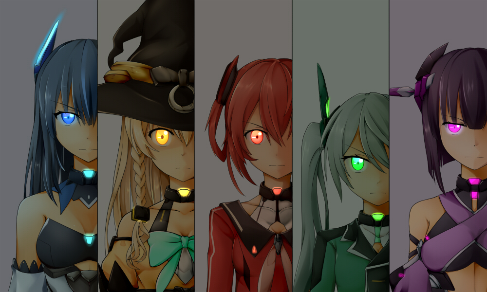 >:(, 5girls, aqua_bow, bare_shoulders, blue_eyes, blue_hair, bow, braid