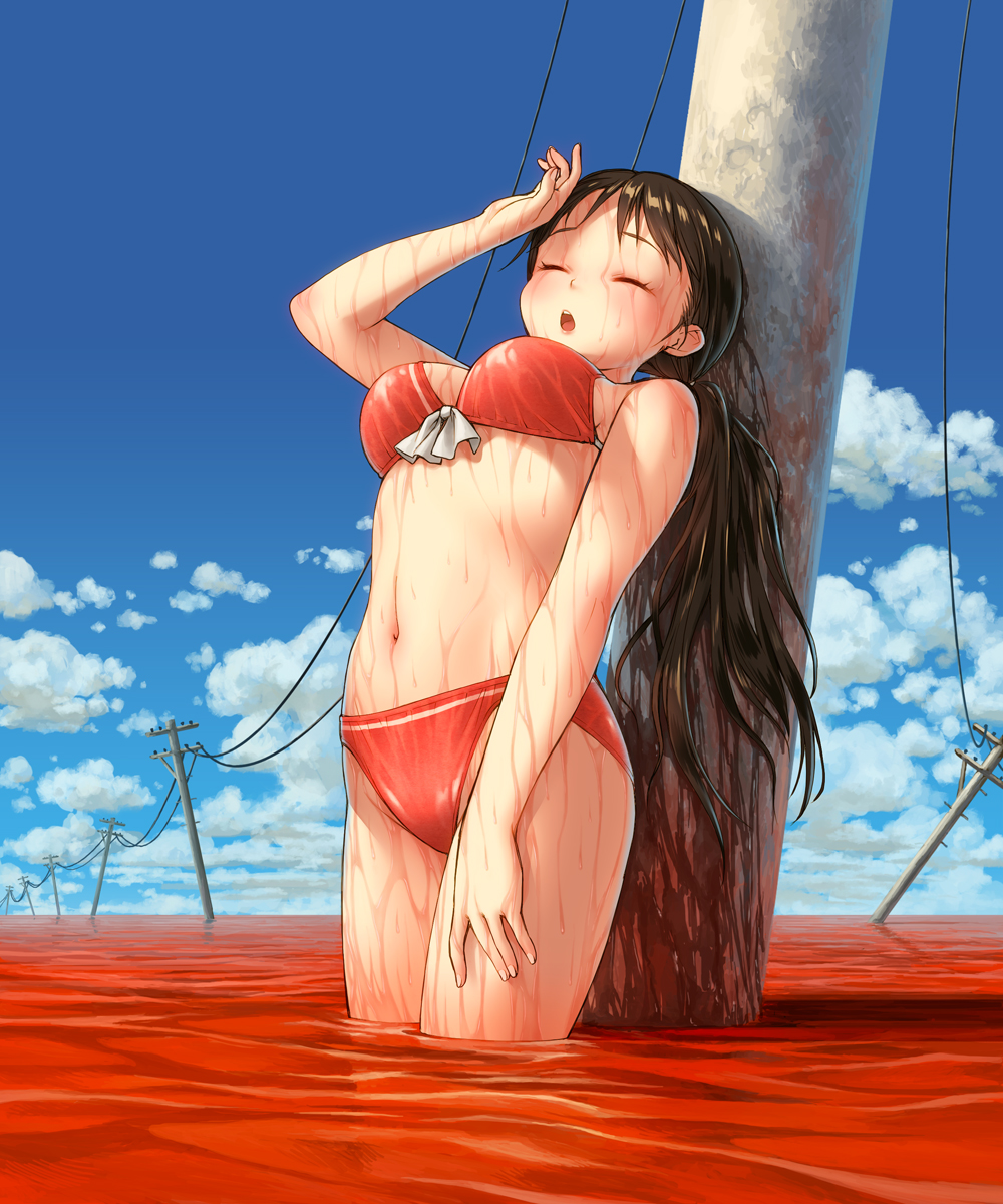 1girl, :o, arched_back, arm_at_side, arm_up, bikini, blue_sky, blush