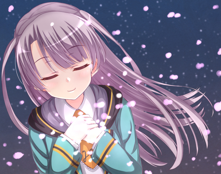 1girl, ayase_rin_(raramagi), blush, closed_eyes, closed_mouth, collared_shirt, female_focus, gradient_background, jacket, light_particles, long_sleeves, necktie, open_clothes, open_jacket, orange_necktie, own_hands_together, purple_hair, raramagi, rurukuru, school_uniform, shirt, short_necktie, smile, solo, two_side_up, upper_body, white_shirt, wing_collar