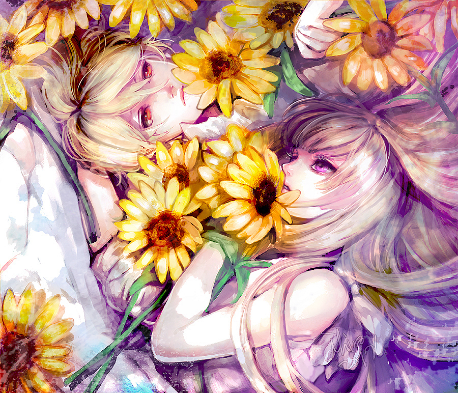 1boy, 1girl, blonde_hair, brother_and_sister, dress, flower, from_above, fuwa_aika