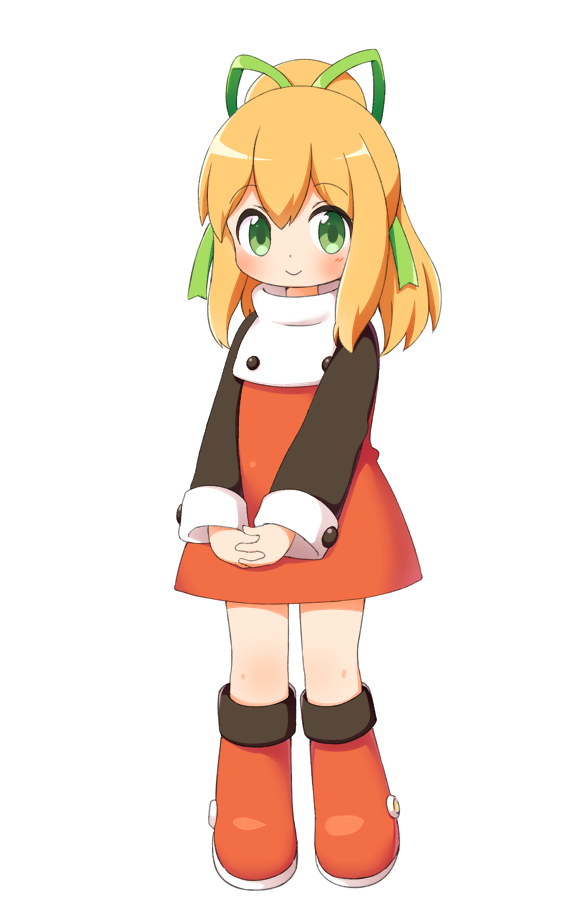 1girl, black_shirt, blonde_hair, blush, boots, closed_mouth, dress, female_focus, flat_chest, green_eyes, green_ribbon, hair_between_eyes, hair_ribbon, interlocked_fingers, knee_boots, long_hair, long_sleeves, looking_at_viewer, mega_man_(classic), mega_man_(series), own_hands_clasped, own_hands_together, ponytail, potte_(hiyorikawa), red_boots, red_dress, ribbon, roll_(mega_man), shirt, sidelocks, simple_background, smile, solo, standing, turtleneck, turtleneck_dress, undershirt, white_background