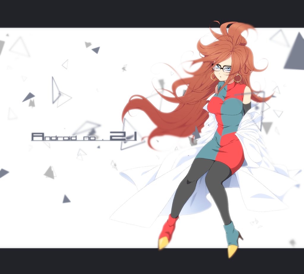 1girl, android_21, arm_warmers, bare_shoulders, big_hair, black-framed_eyewear, black_pantyhose, blue_eyes