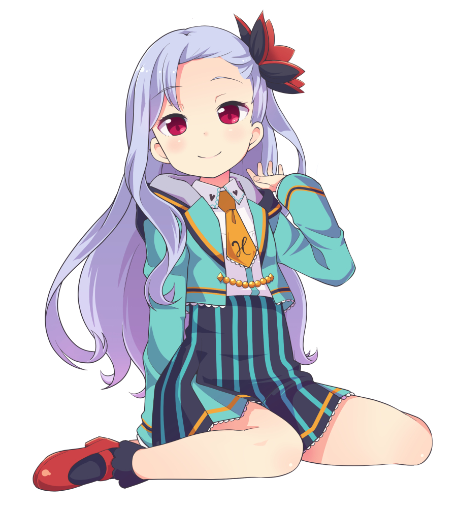 1girl, asymmetrical_bangs, black_socks, blue_hair, closed_mouth, collared_shirt, commentary_request, female_focus, flower, full_body, hair_flower, hair_ornament, head_tilt, high-waist_skirt, hood, hooded_jacket, jacket, jito, kujou_saaya, long_hair, long_sleeves, looking_at_viewer, mary_janes, necktie, open_clothes, open_jacket, orange_necktie, raramagi, red_eyes, red_shoes, school_uniform, shirt, shoes, short_necktie, simple_background, sitting, skirt, smile, socks, solo, striped_clothes, striped_skirt, vertical-striped_clothes, vertical-striped_skirt, very_long_hair, wariza, white_background, white_shirt, wing_collar