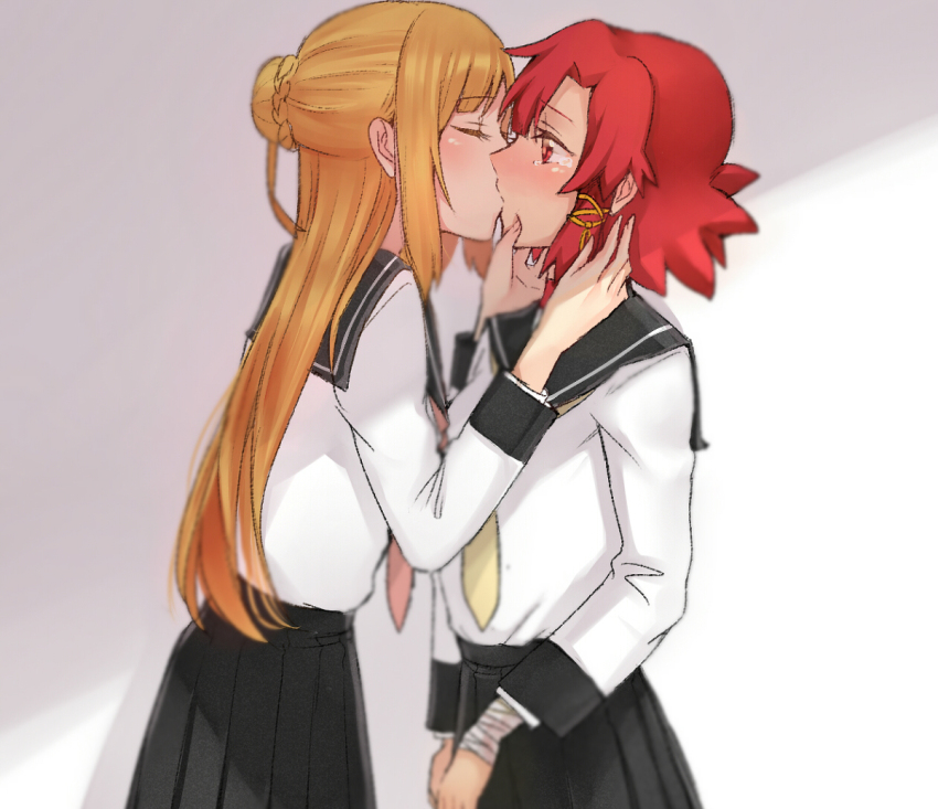 2girls, alternate_costume, blonde_hair, closed_eyes, female_focus, izetta, izetta_(shuumatsu_no_izetta), kiss, kotori_(b-i-r-d), long_hair, multiple_girls, ortfine_fredericka_von_eylstadt, pleated_skirt, red_eyes, red_hair, school_uniform, serafuku, shuumatsu_no_izetta, skirt, tears, yuri