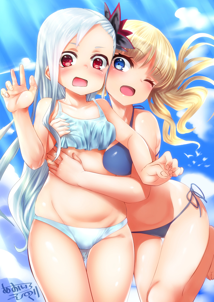 2girls, ;d, aoiroenogu, arisa_eloise_beau-regard, asymmetrical_bangs, barefoot, bikini, blonde_hair, blue_bikini, blue_eyes, blue_hair, blunt_bangs, blush, breasts, cloud, collarbone, day, flower, grabbing_another's_breast, groin, groping, hair_flower, hair_ornament, halterneck, hand_on_another's_stomach, hug, kujou_saaya, leg_up, long_hair, looking_at_viewer, medium_breasts, multiple_girls, one_eye_closed, open_mouth, outdoors, raramagi, red_eyes, side-tie_bikini_bottom, signature, sky, smile, sunlight, swimsuit, tankini, thigh_gap, twintails, very_long_hair