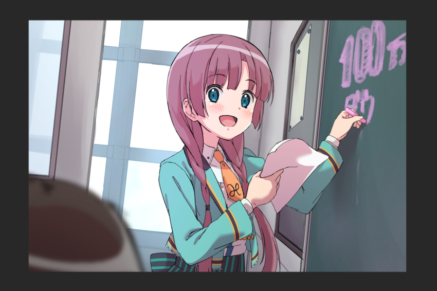 1girl, :d, blue_eyes, blurry, blush, border, brown_hair, chalk, chalkboard, classroom, collared_shirt, day, depth_of_field, doorway, green_jacket, hair_over_shoulder, high-waist_skirt, highres, holding, holding_paper, hoshizaki_rika_(raramagi), indoors, jacket, karahai_(31448823), long_hair, long_sleeves, looking_at_viewer, low_twintails, necktie, open_clothes, open_jacket, open_mouth, orange_necktie, paper, raramagi, school, school_uniform, shirt, short_necktie, sketch, skirt, smile, solo_focus, striped_clothes, striped_skirt, twintails, vertical-striped_clothes, vertical-striped_skirt, very_long_hair, white_shirt, window, wing_collar, writing