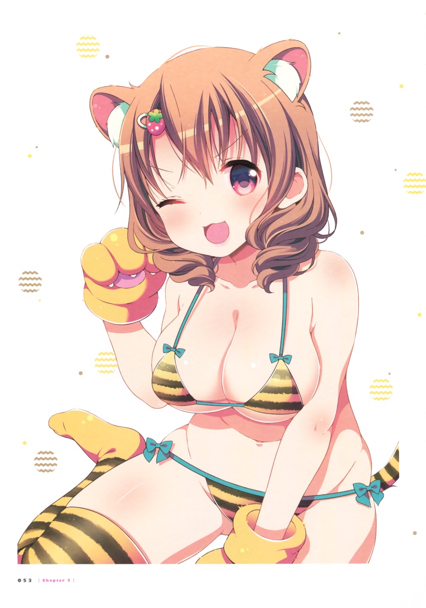 >;3, >;d, 1girl, ;3, ;d, absurdres, animal_ears, animal_hands, aqua_bow, bikini, blush, bow, breasts, brown_hair, collarbone, female_focus, food-themed_hair_ornament, gloves, hair_ornament, hairclip, highres, kemonomimi_mode, large_breasts, march-bunny, maria_(watashi_no_tomodachi_ga_sekaiichi_kawaii), no_shoes, one_eye_closed, open_mouth, page_number, paw_gloves, paw_pose, pink_eyes, ringlets, scan, side-tie_bikini_bottom, skindentation, smile, solo, string_bikini, striped_bikini, striped_clothes, striped_thighhighs, swimsuit, tail, thighhighs, tiger_ears, tiger_paws, tiger_stripes, tiger_tail, v-shaped_eyebrows, watashi_no_tomodachi_ga_sekaiichi_kawaii, yellow_thighhighs