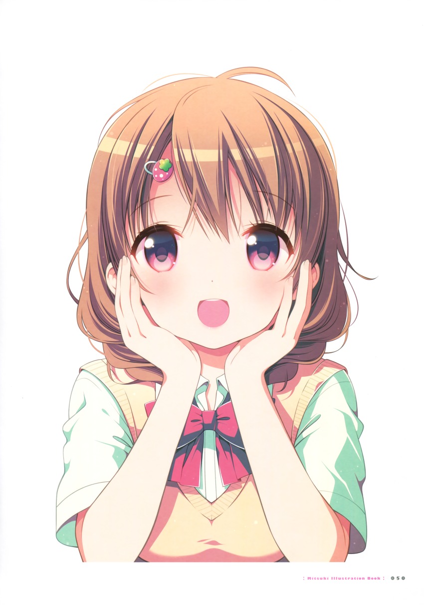 1girl, absurdres, ahoge, blush, bow, bowtie, breasts, brown_hair