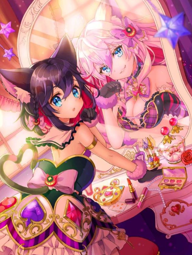 2girls, :3, :o, animal_ears, arm_support, armlet, artist_request, backless_dress, backless_outfit, bare_arms, bare_shoulders, black_dress, black_gloves, blue_eyes, blurry, bottle, bow, braid, breast_rest, breasts, card, cat_ears, cat_tail, choker, cleavage, club_(shape), commentary_request, compact_(cosmetics), cosmetics, cross-laced_clothes, curtains, day, depth_of_field, detached_collar, detached_sleeves, diamond_(shape), different_reflection, dot_nose, dress, dress_bow, dual_persona, dutch_angle, eyelashes, fang, fingernails, flower, frilled_choker, frilled_curtains, frilled_dress, frilled_sleeves, frills, from_behind, fur-trimmed_gloves, fur_trim, gem, glint, gloves, gold_trim, grin, hair_between_eyes, hair_bow, hair_ribbon, hand_up, head_tilt, heart, heart_tail, indoors, jewelry, lace-trimmed_sleeves, lace_trim, large_breasts, lavender_bow, layered_dress, light_particles, lipstick_tube, long_fingernails, long_hair, looking_at_viewer, looking_back, mirror, moko_(shironeko_project), mole, mole_under_eye, multicolored_hair, multiple_girls, nail_polish, necklace, o-ring, o-ring_choker, official_art, open_mouth, parted_bangs, paw_pose, pearl_necklace, perfume_bottle, pink_bow, pink_hair, pink_nails, playing_card, powder_puff, puffy_detached_sleeves, puffy_sleeves, purple_hair, raised_eyebrows, red_flower, red_rose, reflection, ribbon, rose, sailor_collar, sharp_fingernails, shironeko_project, short_hair, single_braid, slit_pupils, small_breasts, smile, spade_(shape), strapless, strapless_dress, sunlight, surprised, table, tail, tress_ribbon, two-tone_hair, vanity_table, white_hair, window