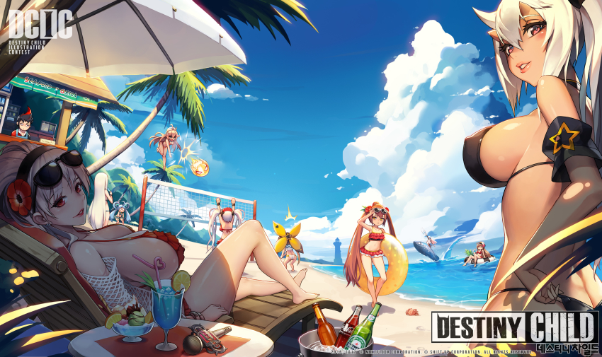 1boy, 6+girls, ^^^, absurdres, adjusting_clothes, adjusting_swimsuit, alcohol, anemone_(destiny_child), artist_request, ass, bare_legs, barefoot, baseball_cap, beach, beach_volleyball, beer, bikini, black_bikini, breasts, brown_hair, coca-cola, copyright_name, crab, crazy_straw, dark_skin, davi_(destiny_child), day, destiny_child, drink, drinking_straw, ea_(destiny_child), elysion_(destiny_child), eyewear_on_head, flower, food, frilled_bikini, frills, grey_hair, hair_flower, hair_ornament, hat, heart_straw, heineken, highres, horns, innertube, isolde_(destiny_child), jacheongbi_(destiny_child), jumping, large_breasts, lips, lisa_(destiny_child), long_hair, looking_at_viewer, mars_(destiny_child), master_(destiny_child), microphone, mona_(destiny_child), morgan_(destiny_child), multiple_girls, o_o, outdoors, parfait, parted_lips, pink_eyes, reclining, red_bikini, red_eyes, riding, sideboob, smile, squatting, sunglasses, swim_ring, swimsuit, twintails, very_long_hair, walking, yellow_eyes