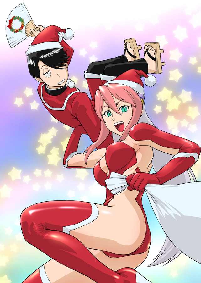 00s, 1990s_(style), 1boy, 1girl, birdy_cephon_altera, black_hair, christmas, creator_connection