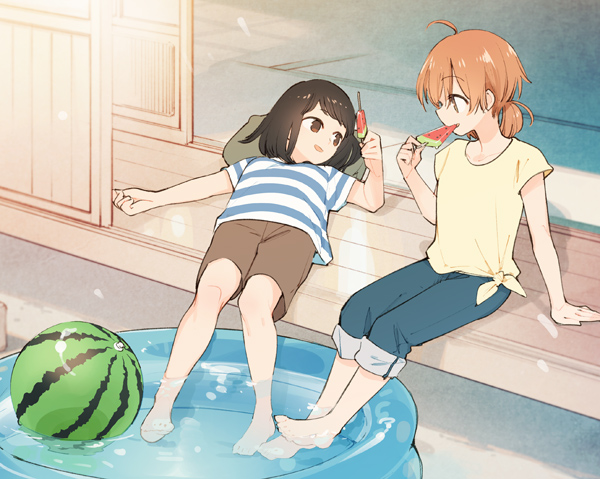 10s, 2girls, arm_support, ball, barefoot, beachball, brown_eyes, brown_hair, casual, commentary_request, food, fruit, kanou_koyomi, koito_yuu, lying, multiple_girls, nakatani_nio, on_back, pants, pants_rolled_up, popsicle, shirt, shorts, sitting, soaking_feet, striped_clothes, striped_shirt, summer, tied_shirt, wading_pool, watermelon_bar, watermelon_beachball, yagate_kimi_ni_naru, yellow_shirt