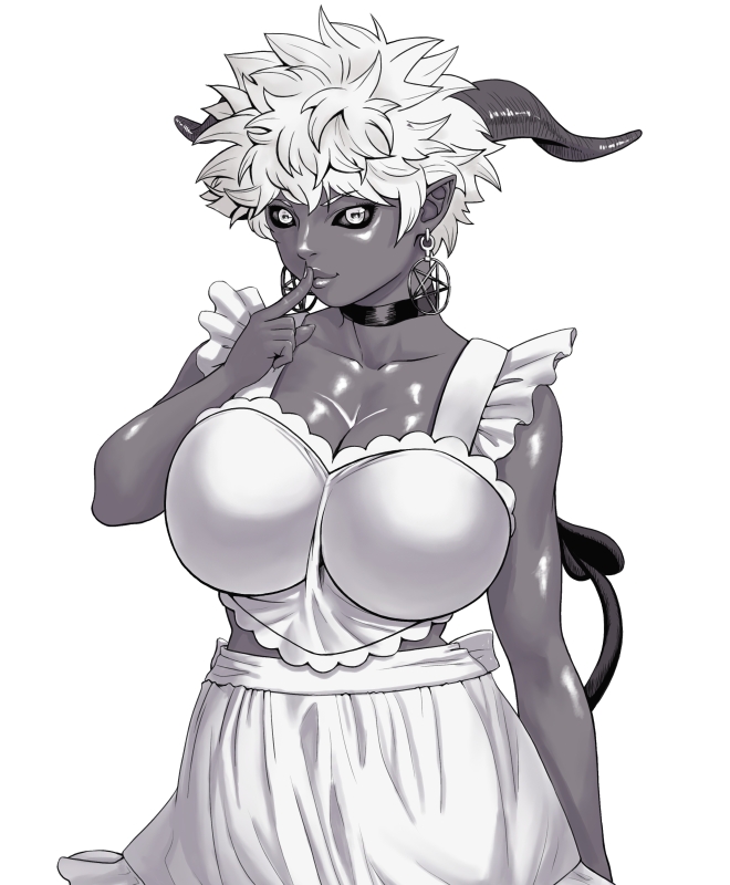 1girl, apron, black_sclera, breasts, character_request, choker, cleavage, collarbone