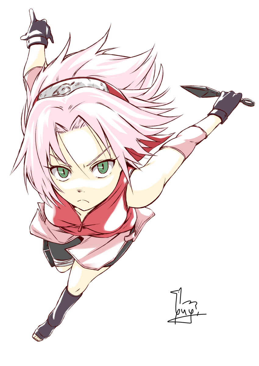 1girl, absurdres, arm_warmers, bad_id, bad_pixiv_id, bike_shorts, black_boots, black_gloves, boots, female_focus, frown, gloves, green_eyes, hairband, haruno_sakura, highres, kunai, looking_at_viewer, naruto_(classic), naruto_(series), naruto_shippuuden, perspective, pink_hair, running, serious, simple_background, solo, weapon, white_background, yuuki_shushu