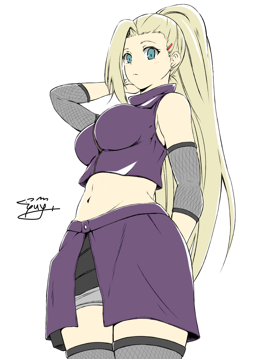 1girl, absurdres, adjusting_hair, bad_id, bad_pixiv_id, blue_eyes, female_focus, fishnet_thighhighs, fishnets, hair_ornament, hairclip, highres, long_hair, looking_at_viewer, midriff, naruto_(series), naruto_shippuuden, navel, ponytail, simple_background, skirt, solo, stomach, thighhighs, very_long_hair, yamanaka_ino, yuuki_shushu