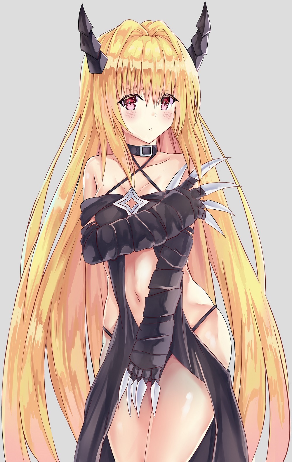 1girl, absurdly_long_hair, akaya_(pixiv20545353), black_pants, blonde_hair, blush, breasts, cleavage, collar, collarbone, covering_breasts, covering_crotch, covering_privates, cowboy_shot, female_focus, grey_background, hair_between_eyes, highleg, highleg_panties, highres, horns, konjiki_no_yami, konjiki_no_yami_(darkness_mode), long_hair, looking_at_viewer, navel, panties, pants, red_eyes, shiny_skin, simple_background, sketch, small_breasts, solo, standing, to_love-ru, underwear, very_long_hair